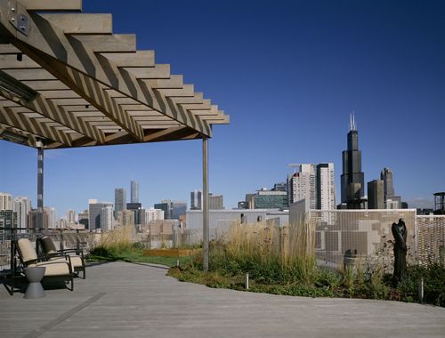 Rooftop view of McNICHOLS Designer Wire Mesh infill panels and Chicago's historic skyline