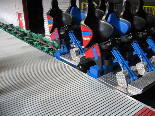 Close up view of McNICHOLS Fiberglass Grating installed as a walkway/platform at an amusement park in Farmington, UT