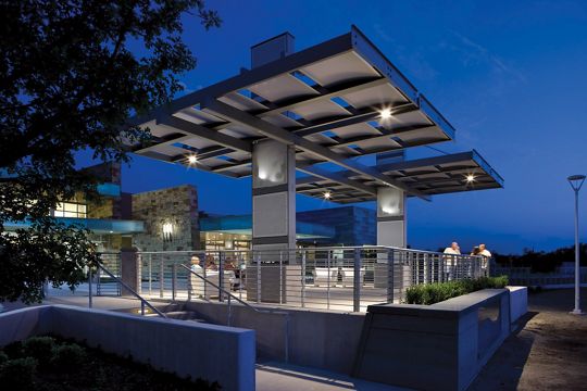Perforated Metal by McNICHOLS is applied as a sunshade at this complex in Grand Prairie, TX