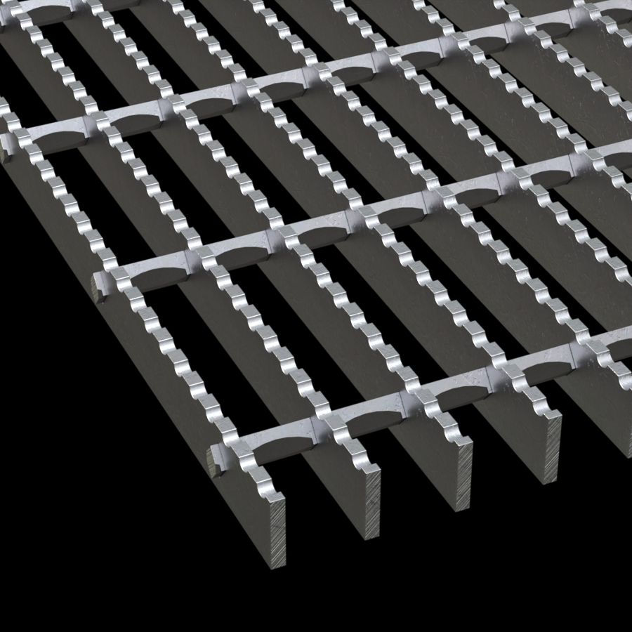 McNICHOLS® Bar Grating Swage-Locked, Rectangular Bar, GAL-100, 19-S-4 Spacing, Aluminum, Alloy 6063-T6, 1" x 3/16" Rectangular Bar, Serrated Surface, 80% Open Area McNICHOLS® Bar Grating Swage-Locked, Rectangular Bar, GAL-100, 19-S-4 Spacing, Aluminum, Alloy 6063-T6, 1" x 3/16" Rectangular Bar, Serrated Surface, 80% Open Area