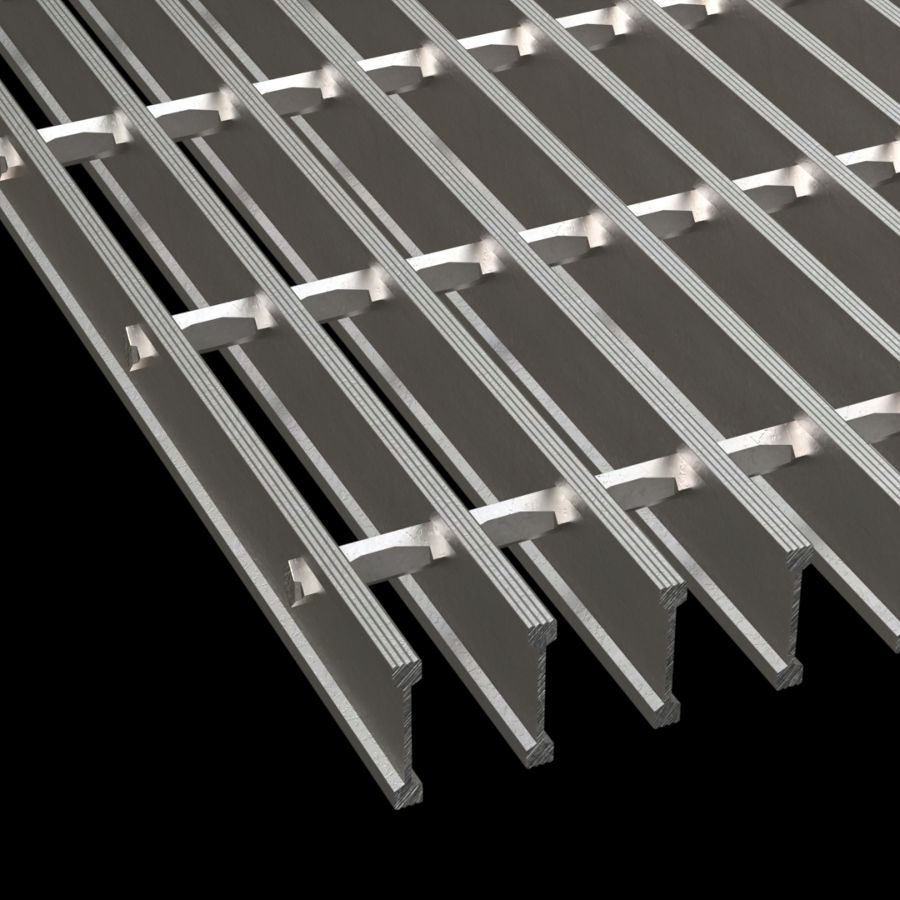 McNICHOLS® Bar Grating Swage-Locked, I-Bar, GIA-150, 19-SI-4 Spacing, Aluminum, Alloy 6063-T6, 1-1/2" x 1/4" I-Bar, Grooved Surface, 75% Open Area