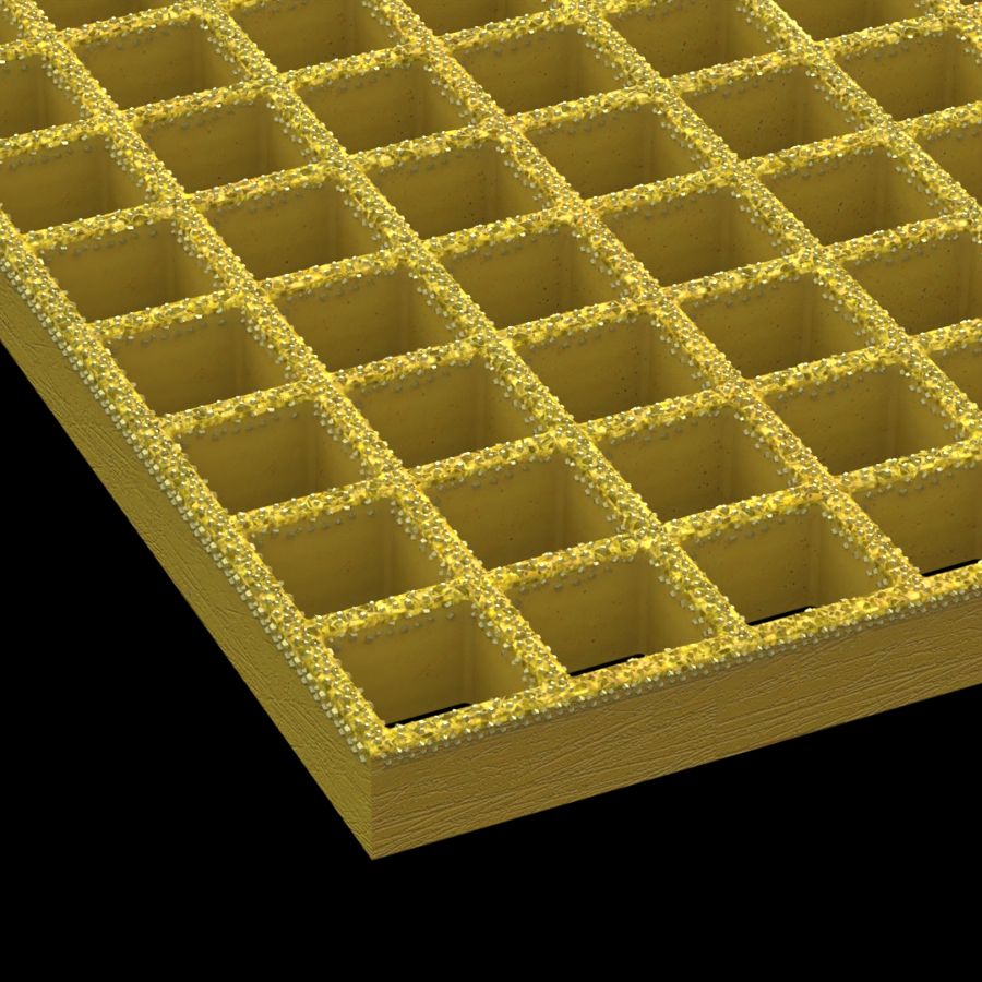 McNICHOLS® Fiberglass Grating Molded, Square Grid, MS-S-100, Fiberglass, SGF Polyester Resin, Yellow, 1" Grid Height, 1-1/2" x 1-1/2" Square Grid, Grit Surface, 70% Open Area
