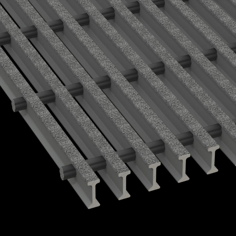 McNICHOLS® Fiberglass Grating Pultruded, I-Bar, MS-I-6015 - DURAGRID®, Fiberglass, SPF Polyester Resin, Gray, 1.500" Height x 0.600" Top Flange Width I-Bar, Medium Grit Surface, 60% Open Area McNICHOLS® Fiberglass Grating Pultruded, I-Bar, MS-I-6015 - DURAGRID®, Fiberglass, SPF Polyester Resin, Gray, 1.500" Height x 0.600" Top Flange Width I-Bar, Medium Grit Surface, 60% Open Area