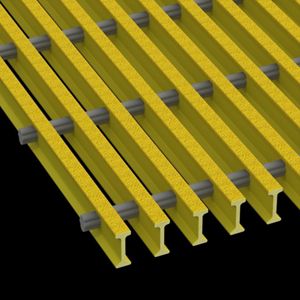McNICHOLS&reg; Fiberglass Grating Pultruded, I-Bar, MS-I-6015, Fiberglass, SPF Polyester Resin, Yellow, 1.500" Height x 0.600" Top Flange Width I-Bar, Medium Grit Surface, Gray Cross-Rods, 60% Open Area