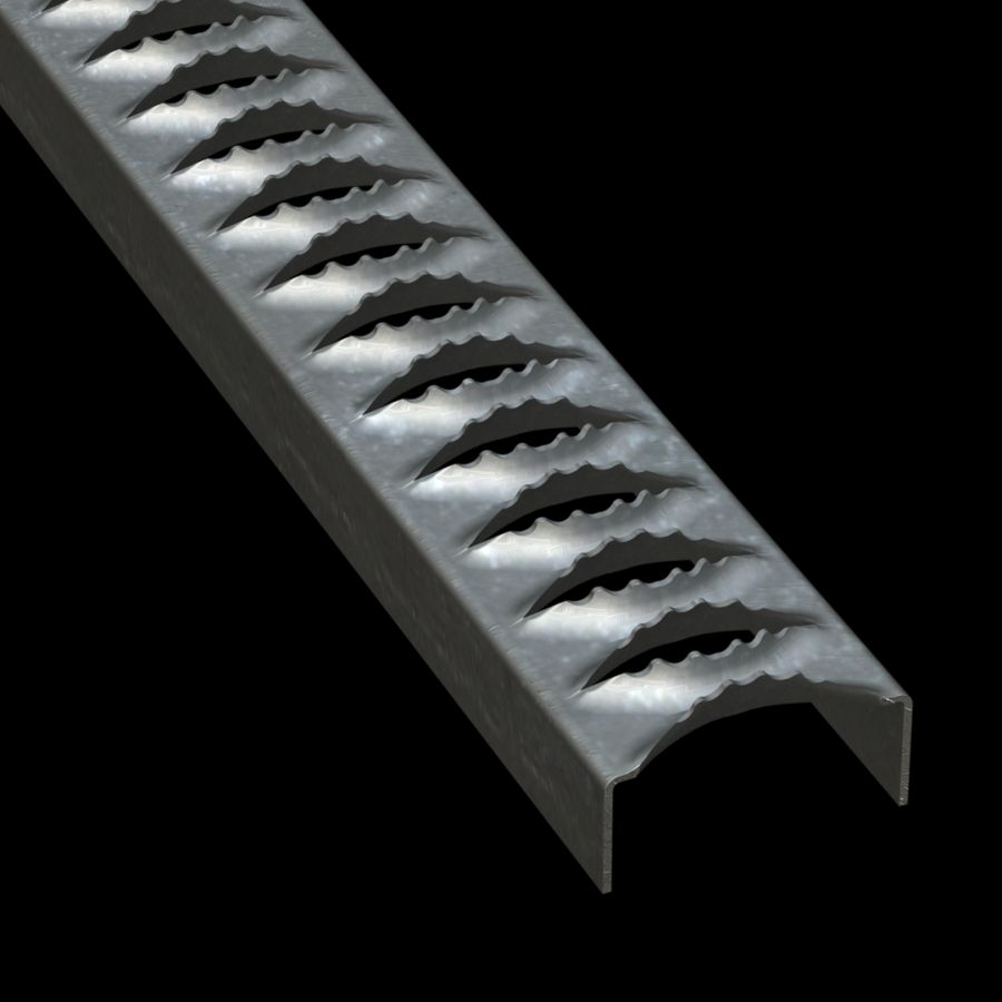McNICHOLS® Plank Grating Ladder Rung Plank, GRIP STRUT®, Galvanized Steel, ASTM A-653 G90, 14 Gauge (.0785" Thick), 1-Diamond (2-1/2" Width), 1-1/8" Channel Depth, Serrated Surface, 34% Open Area