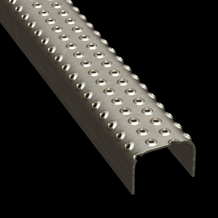 McNICHOLS® Plank Grating Ladder Rung Plank, TRACTION TREAD™, Carbon Steel, HRPO, 13 Gauge (.0897" Thick), 4-Row Button-Top (2-1/4" Width), 1-1/2" Channel Depth, Slip-Resistant Surface, 4% Open Area