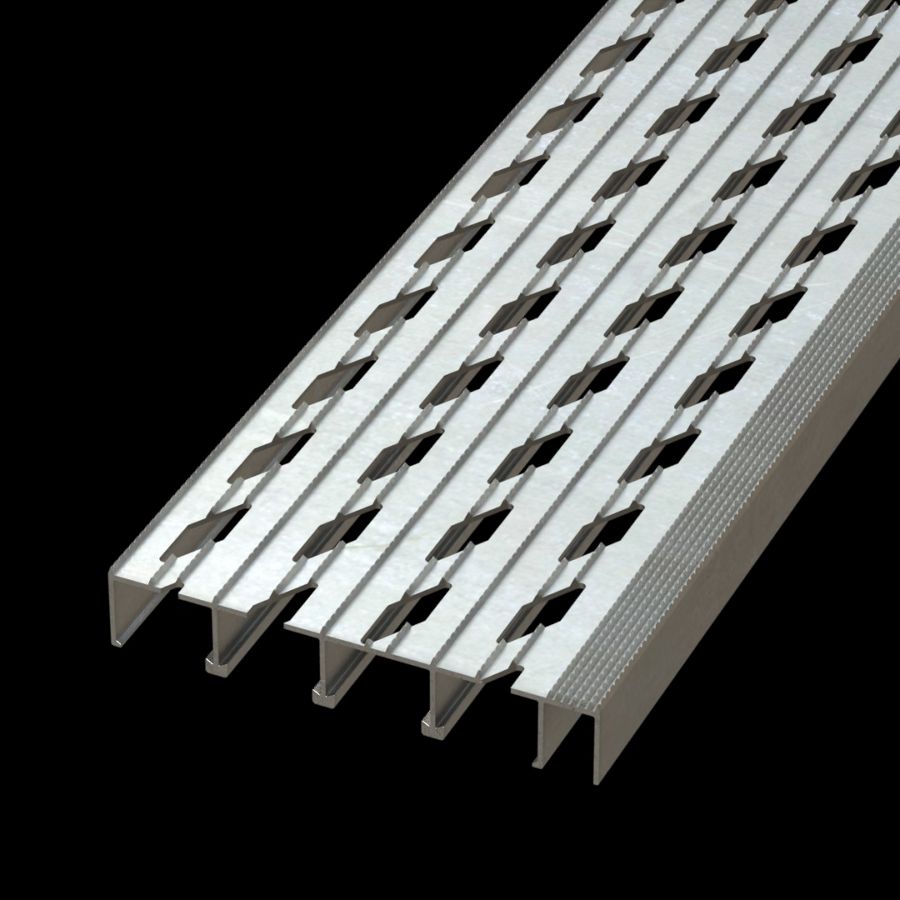 McNICHOLS® Stair Treads Plank Grating, Extruded Stair Tread Plank, DIAMONDBACK®, Aluminum, Alloy 6061-T6 Extrusion, Diamond-Vented (9" Width), 1-1/2" Channel Depth, Diamond-Serrated Surface, 1" Wide Integral Nosing on One Side of Tread Plank Length, CP-PG-930 Plank Grating Stair Tread Carrier Plates Available Separately, 12% Open Area McNICHOLS® Stair Treads Plank Grating, Extruded Stair Tread Plank, DIAMONDBACK®, Aluminum, Alloy 6061-T6 Extrusion, Diamond-Vented (9" Width), 1-1/2" Channel Depth, Diamond-Serrated Surface, 1" Wide Integral Nosing on One Side of Tread Plank Length, CP-PG-930 Plank Grating Stair Tread Carrier Plates Available Separately, 12% Open Area