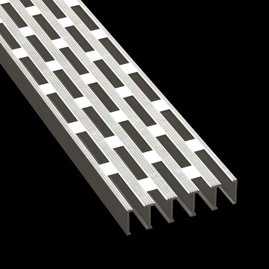 McNICHOLS® Plank Grating Heavy-Duty Extruded Plank, HD-EXT, Aluminum, Alloy 6063-T6 Extrusion, Rectangular-Vented (6" Width), 1-1/2" Channel Depth, Grooved Surface, 37% Open Area McNICHOLS® Plank Grating Heavy-Duty Extruded Plank, HD-EXT, Aluminum, Alloy 6063-T6 Extrusion, Rectangular-Vented (6" Width), 1-1/2" Channel Depth, Grooved Surface, 37% Open Area