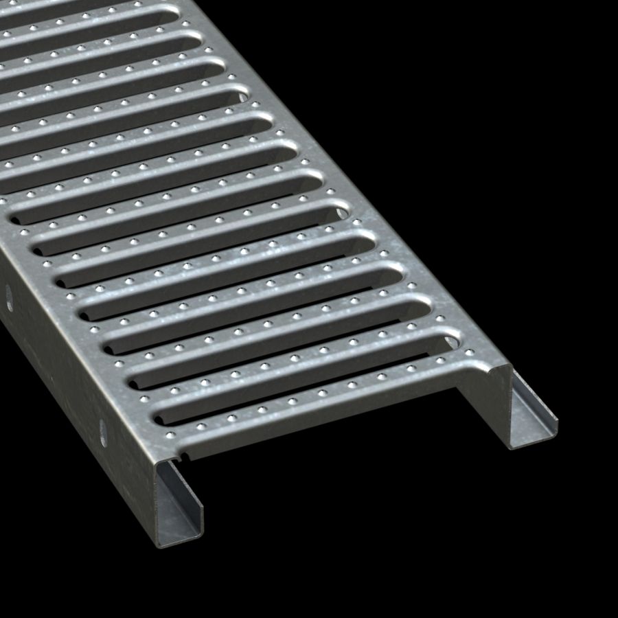 McNICHOLS® Plank Grating Interlocking Plank, GRATE-LOCK®, Galvanized Steel, ASTM A-653, 14 Gauge (.0785" Thick), Round-End Slot (9" Width), 2-1/2" Channel Depth, One Female Channel Flange, One Male Channel Flange, Slip-Resistant Surface, 38% Open Area McNICHOLS® Plank Grating Interlocking Plank, GRATE-LOCK®, Galvanized Steel, ASTM A-653, 14 Gauge (.0785" Thick), Round-End Slot (9" Width), 2-1/2" Channel Depth, One Female Channel Flange, One Male Channel Flange, Slip-Resistant Surface, 38% Open Area