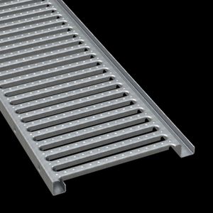 McNICHOLS® Plank Grating Interlocking Plank, GRATE-LOCK®, Galvanized Steel, ASTM A-653, 14 Gauge (.0785" Thick), Round-End Slot (12" Width), 1-1/2" Channel Depth, One Female Channel Flange, One Male Channel Flange, Slip-Resistant Surface, 40% Open Area