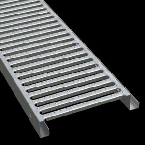 McNICHOLS® Plank Grating Interlocking Plank, GRATE-LOCK®, Galvanized Steel, ASTM A-653, 14 Gauge (.0785" Thick), Round-End Slot (12" Width), 2-1/2" Channel Depth, One Female Channel Flange, One Male Channel Flange, Slip-Resistant Surface, 40% Open Area