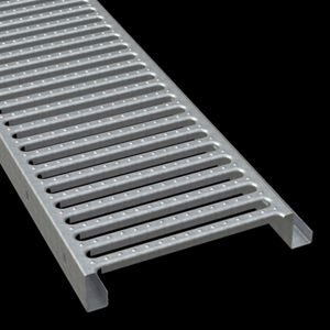 McNICHOLS® Plank Grating Interlocking Plank, GRATE-LOCK®, Galvanized Steel, ASTM A-653, 18 Gauge (.0516" Thick), Round-End Slot (12" Width), 2-1/2" Channel Depth, One Female Channel Flange, One Male Channel Flange, Slip-Resistant Surface, 45% Open Area