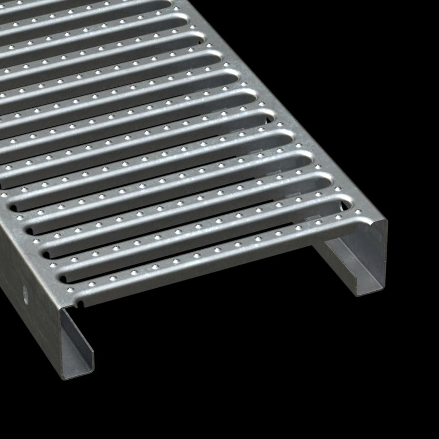 McNICHOLS® Plank Grating Interlocking Plank, GRATE-LOCK®, Galvanized Steel, ASTM A-653, 14 Gauge (.0785" Thick), Round-End Slot (12" Width), 3" Channel Depth, Two Male Channel Flanges, Slip-Resistant Surface, 46% Open Area McNICHOLS® Plank Grating Interlocking Plank, GRATE-LOCK®, Galvanized Steel, ASTM A-653, 14 Gauge (.0785" Thick), Round-End Slot (12" Width), 3" Channel Depth, Two Male Channel Flanges, Slip-Resistant Surface, 46% Open Area