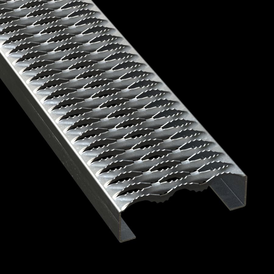 McNICHOLS® Plank Grating Plank, GRIP STRUT®, Galvanized Steel, ASTM A-653 G90, 12 Gauge (.1084" Thick), 3-Diamond (7" Width), 2" Channel Depth, Serrated Surface, 37% Open Area