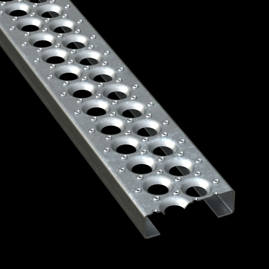 McNICHOLS® Plank Grating Plank, PERF-O GRIP®, Galvanized Steel, ASTM A-924, 13 Gauge (.0934" Thick), 2-Hole (5" Width), 1-1/2" Channel Depth, Slip-Resistant Surface, 29% Open Area