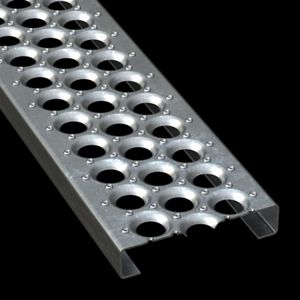 McNICHOLS® Plank Grating Plank, PERF-O GRIP®, Galvanized Steel, ASTM A-924, 11 Gauge (.1233" Thick), 3-Hole (7" Width), 1-1/2" Channel Depth, Slip-Resistant Surface, 30% Open Area