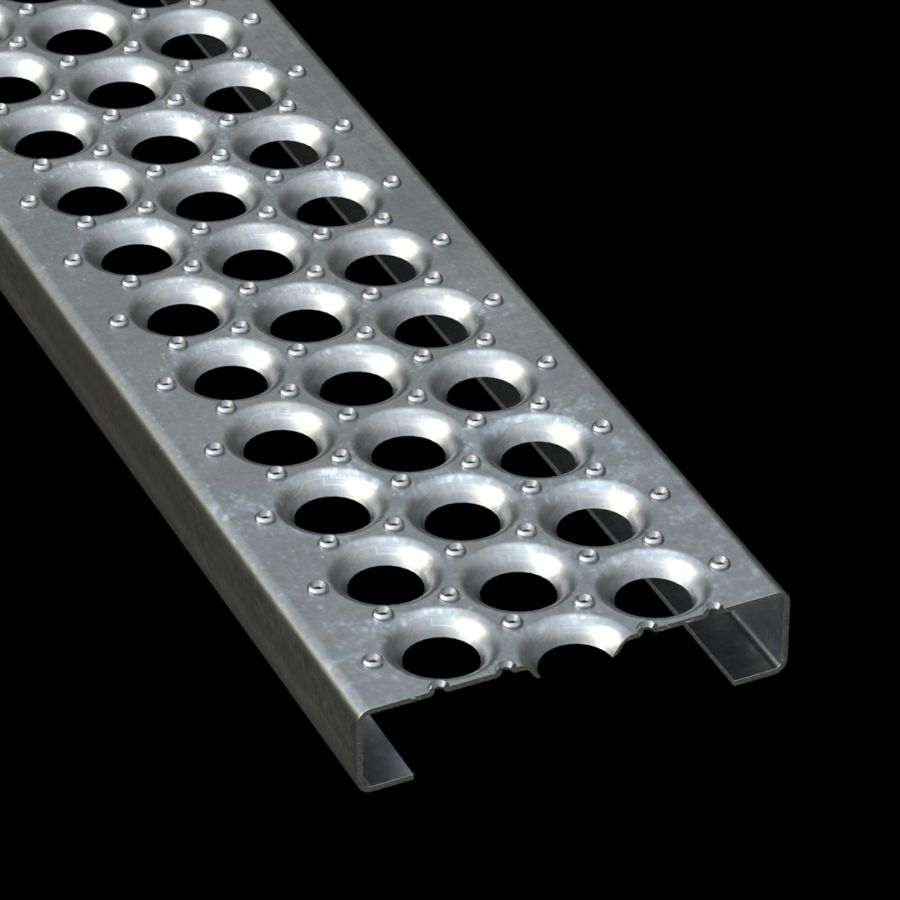 McNICHOLS® Plank Grating Plank, PERF-O GRIP®, Galvanized Steel, ASTM A-924, 13 Gauge (.0934" Thick), 3-Hole (7" Width), 1-1/2" Channel Depth, Slip-Resistant Surface, 30% Open Area McNICHOLS® Plank Grating Plank, PERF-O GRIP®, Galvanized Steel, ASTM A-924, 13 Gauge (.0934" Thick), 3-Hole (7" Width), 1-1/2" Channel Depth, Slip-Resistant Surface, 30% Open Area