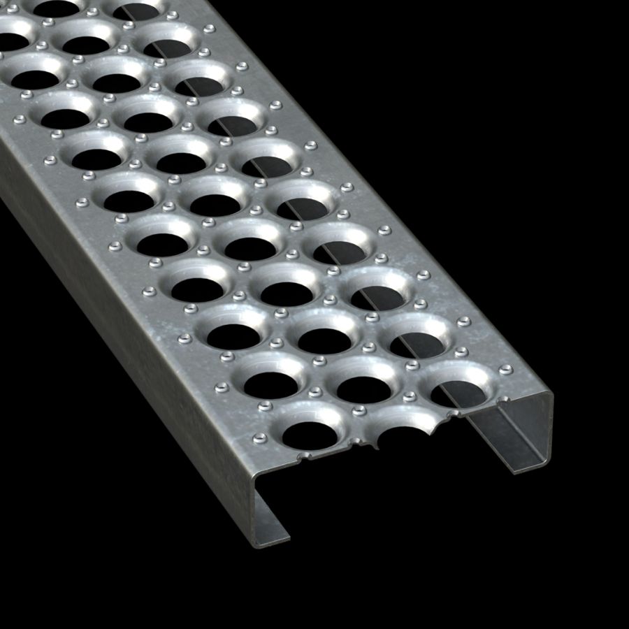 McNICHOLS® Plank Grating Plank, PERF-O GRIP®, Galvanized Steel, ASTM A-924, 13 Gauge (.0934" Thick), 3-Hole (7" Width), 2" Channel Depth, Slip-Resistant Surface, 30% Open Area