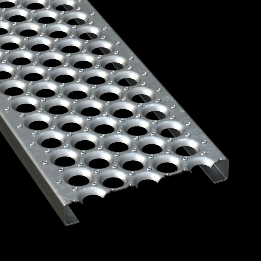 McNICHOLS® Plank Grating Plank, PERF-O GRIP®, Galvanized Steel, ASTM A-924, 13 Gauge (.0934" Thick), 5-Hole (10" Width), 1-1/2" Channel Depth, Slip-Resistant Surface, 35% Open Area