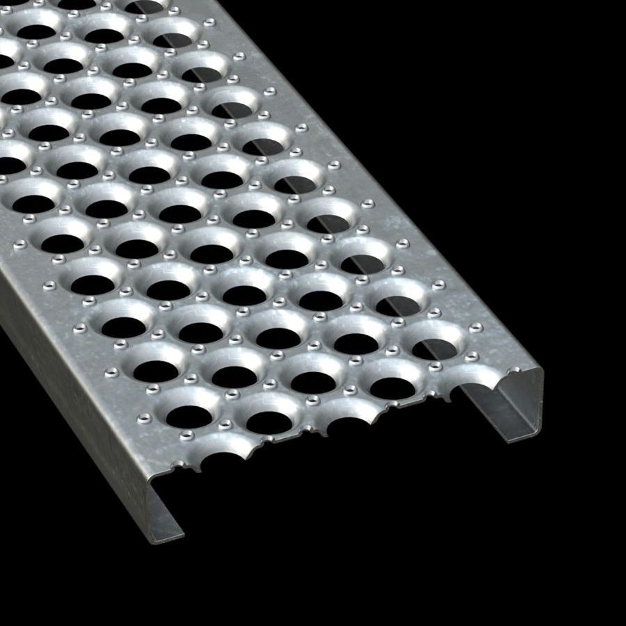 McNICHOLS® Plank Grating Plank, PERF-O GRIP®, Galvanized Steel, ASTM A-924, 13 Gauge (.0934" Thick), 5-Hole (10" Width), 2" Channel Depth, Slip-Resistant Surface, 35% Open Area