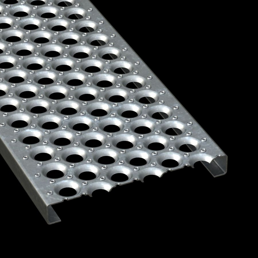 McNICHOLS® Plank Grating Plank, PERF-O GRIP®, Galvanized Steel, ASTM A-924, 13 Gauge (.0934" Thick), 6-Hole (12" Width), 1-1/2" Channel Depth, Slip-Resistant Surface, 35% Open Area