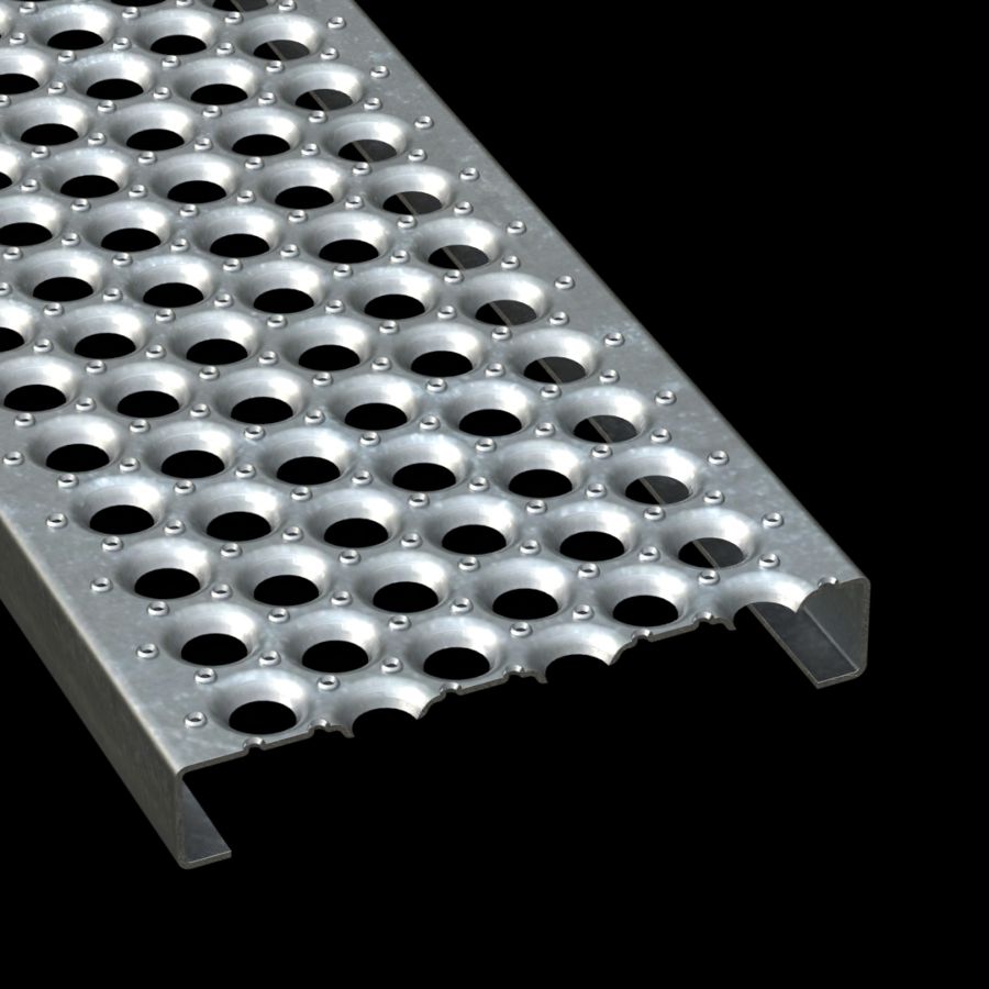 McNICHOLS® Plank Grating Plank, PERF-O GRIP®, Galvanized Steel, ASTM A-924, 11 Gauge (.1233" Thick), 6-Hole (12" Width), 2" Channel Depth, Slip-Resistant Surface, 35% Open Area