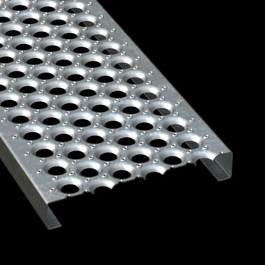 McNICHOLS® Plank Grating Plank, PERF-O GRIP®, Galvanized Steel, ASTM A-924, 13 Gauge (.0934" Thick), 6-Hole (12" Width), 2" Channel Depth, Slip-Resistant Surface, 35% Open Area