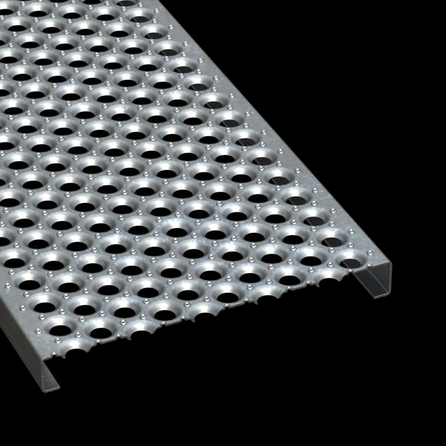 McNICHOLS® Plank Grating Plank, PERF-O GRIP®, Galvanized Steel, ASTM A-924, 11 Gauge (.1233" Thick), 10-Hole (18" Width), 2" Channel Depth, Slip-Resistant Surface, 38% Open Area