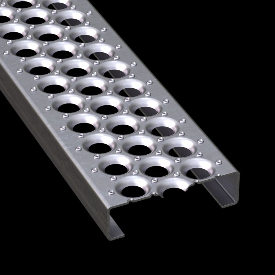 McNICHOLS® Plank Grating Plank, PERF-O GRIP®, Aluminum, Alloy 5052-H32, .1250" Thick (8 Gauge), 3-Hole (7" Width), 2" Channel Depth, Slip-Resistant Surface, 30% Open Area