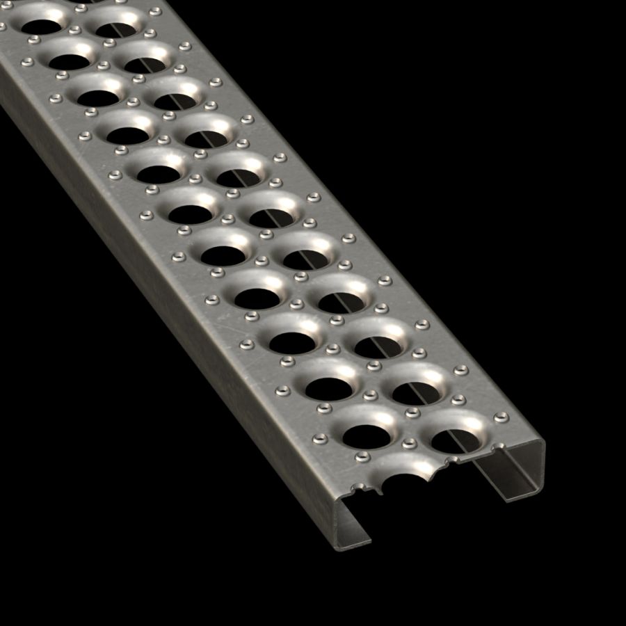 McNICHOLS® Plank Grating Plank, PERF-O GRIP®, Carbon Steel, HRPO, 13 Gauge (.0897" Thick), 2-Hole (5" Width), 1-1/2" Channel Depth, Slip-Resistant Surface, 29% Open Area