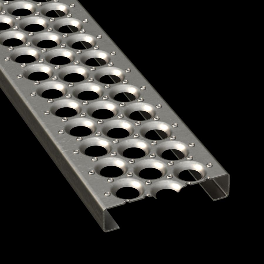 McNICHOLS® Plank Grating Plank, PERF-O GRIP®, Carbon Steel, HRPO, 13 Gauge (.0897" Thick), 3-Hole (7" Width), 1-1/2" Channel Depth, Slip-Resistant Surface, 30% Open Area