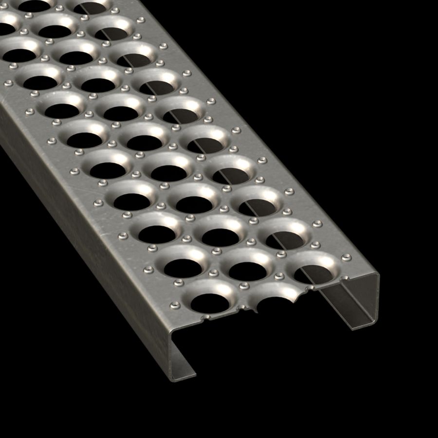 McNICHOLS® Plank Grating Plank, PERF-O GRIP®, Carbon Steel, HRPO, 13 Gauge (.0897" Thick), 3-Hole (7" Width), 2" Channel Depth, Slip-Resistant Surface, 30% Open Area