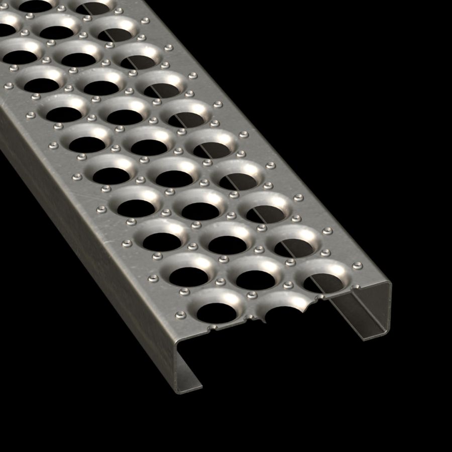 McNICHOLS® Plank Grating Plank, PERF-O GRIP®, Carbon Steel, HRPO, 13 Gauge (.0897" Thick), 3-Hole (7" Width), 2" Channel Depth, Slip-Resistant Surface, 30% Open Area McNICHOLS® Plank Grating Plank, PERF-O GRIP®, Carbon Steel, HRPO, 13 Gauge (.0897" Thick), 3-Hole (7" Width), 2" Channel Depth, Slip-Resistant Surface, 30% Open Area