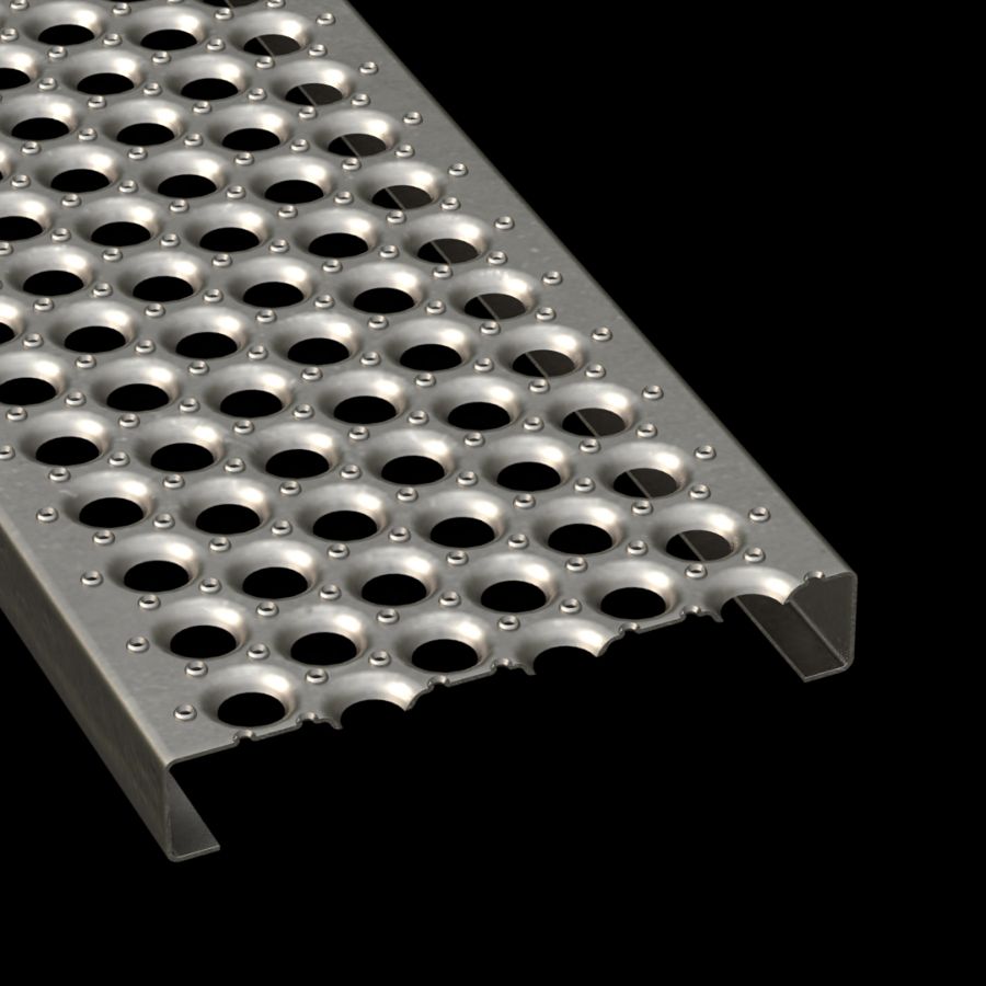 McNICHOLS® Plank Grating Plank, PERF-O GRIP®, Carbon Steel, HRPO, 13 Gauge (.0897" Thick), 5-Hole (10" Width), 2" Channel Depth, Slip-Resistant Surface, 35% Open Area