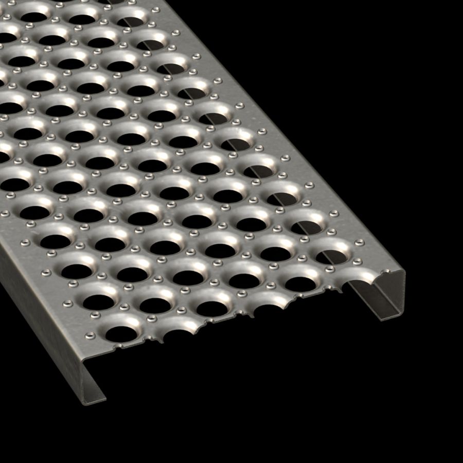 McNICHOLS® Plank Grating Plank, PERF-O GRIP®, Carbon Steel, HRPO, 13 Gauge (.0897" Thick), 6-Hole (12" Width), 2" Channel Depth, Slip-Resistant Surface, 35% Open Area