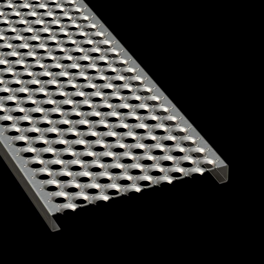 McNICHOLS® Plank Grating Plank, PERF-O GRIP®, Carbon Steel, HRPO, 11 Gauge (.1196" Thick), 10-Hole (18" Width), 2" Channel Depth, Slip-Resistant Surface, 38% Open Area