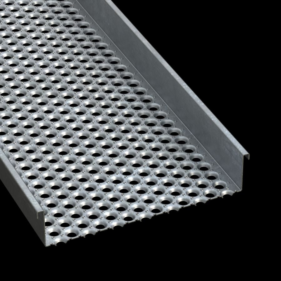 McNICHOLS® Plank Grating Walkway, PERF-O GRIP®, Galvanized Steel, ASTM A-924, 11 Gauge (.1233" Thick), 13-Hole (24" Width), 5" Channel Height, Slip-Resistant Surface, 36% Open Area McNICHOLS® Plank Grating Walkway, PERF-O GRIP®, Galvanized Steel, ASTM A-924, 11 Gauge (.1233" Thick), 13-Hole (24" Width), 5" Channel Height, Slip-Resistant Surface, 36% Open Area