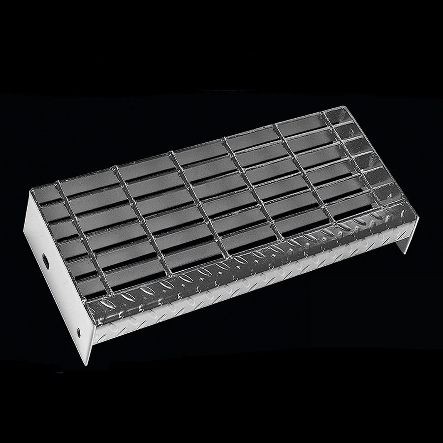 McNICHOLS® Stair Treads Bar Grating, Heavy-Duty Welded, Stair Tread, Rectangular Bar, GHB-100, 19-W-4 Spacing, Galvanized Steel, Hot Dipped, 1" x 1/4" Rectangular Bars, Smooth Surface, Checkered Plate 90° Angle Nosing, CP-BG-1225 Bar Grating Stair Tread Carrier Plates Attached, 73% Open Area
