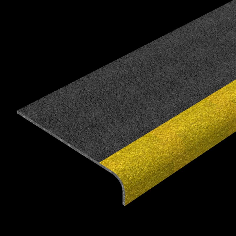 McNICHOLS® Stair Treads Fiberglass Grating, Molded, Stair Tread Cover Panel, Solid, MS-STC-09, Fiberglass, SGF Polyester Resin, Black with Yellow Nosing, 3/16" Thick, Solid Cover (9-1/8" Width), Grit Surface, 90° Angle Integral Nosing on Front Edge (1-7/8" Height) of Stair Tread Cover Panel, 0% Open Area McNICHOLS® Stair Treads Fiberglass Grating, Molded, Stair Tread Cover Panel, Solid, MS-STC-09, Fiberglass, SGF Polyester Resin, Black with Yellow Nosing, 3/16" Thick, Solid Cover (9-1/8" Width), Grit Surface, 90° Angle Integral Nosing on Front Edge (1-7/8" Height) of Stair Tread Cover Panel, 0% Open Area