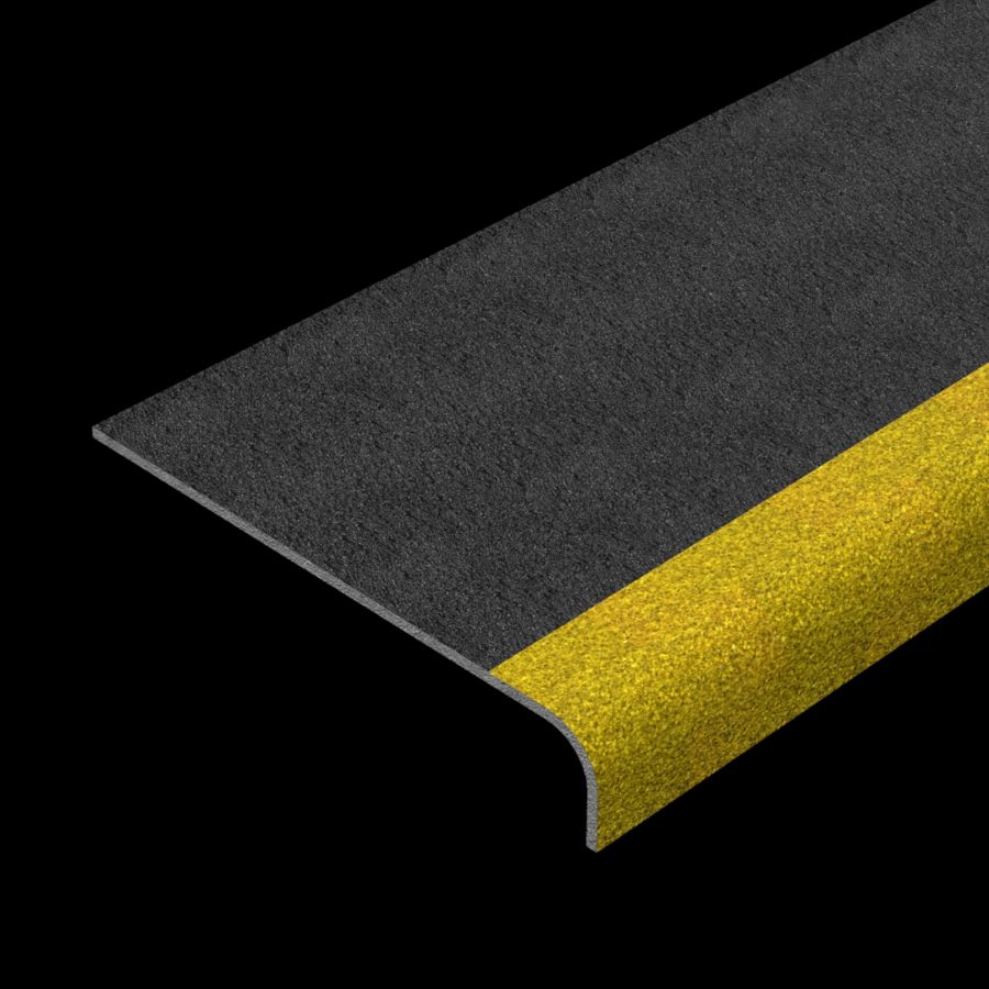 McNICHOLS® Stair Treads Fiberglass Grating, Molded, Stair Tread Cover Panel, Solid, MS-STC-10, Fiberglass, SGF Polyester Resin, Black with Yellow Nosing, 3/16" Thick, Solid Cover (10-1/8" Width), Grit Surface, 90° Angle Integral Nosing on Front Edge (1-7/8" Height) of Stair Tread Cover Panel, 0% Open Area McNICHOLS® Stair Treads Fiberglass Grating, Molded, Stair Tread Cover Panel, Solid, MS-STC-10, Fiberglass, SGF Polyester Resin, Black with Yellow Nosing, 3/16" Thick, Solid Cover (10-1/8" Width), Grit Surface, 90° Angle Integral Nosing on Front Edge (1-7/8" Height) of Stair Tread Cover Panel, 0% Open Area