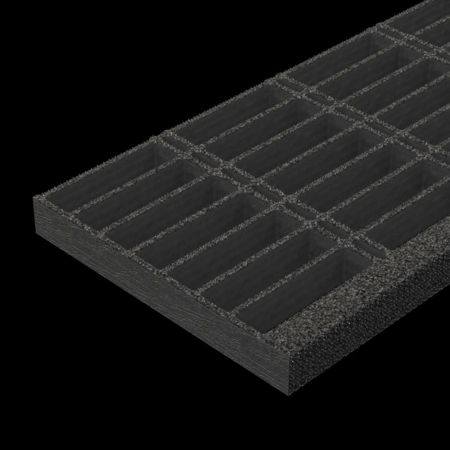 McNICHOLS® Stair Treads Fiberglass Grating, Molded, Stair Tread Panel, Rectangular Grid, MS-R-ST-150, Fiberglass, SGF Polyester Resin, Dark Gray, 1-1/2" Grid Height, 1-1/2" x 6" Rectangular Grid, Grit Surface, 1-5/8" Wide Integral Nosing on Both Sides of Stair Tread Panel Length, 65% Open Area