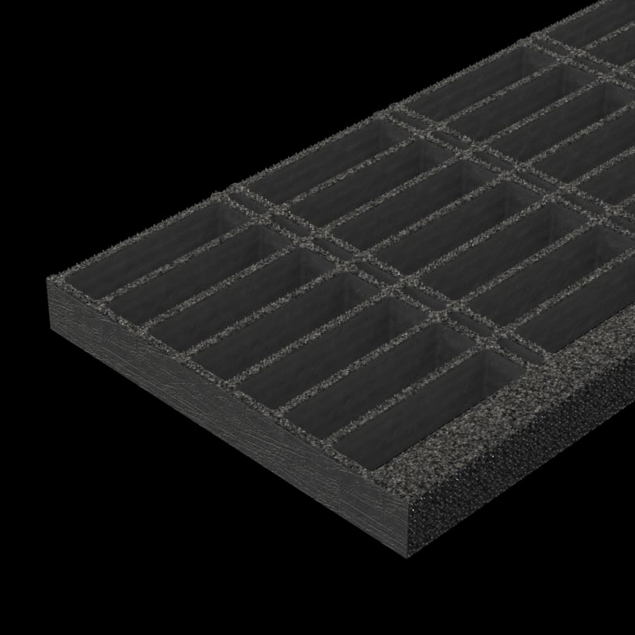 McNICHOLS® Stair Treads Fiberglass Grating, Molded, Stair Tread Panel, Rectangular, MS-R-ST-150, Fiberglass, SGF Polyester Resin, Gray, 1-1/2" Grid Height, 1-1/2" x 6" Rectangular Grid, Grit Surface, 1-5/8" Wide Integral Nosing on Both Sides of Stair Tread Panel Length, 65% Open Area McNICHOLS® Stair Treads Fiberglass Grating, Molded, Stair Tread Panel, Rectangular, MS-R-ST-150, Fiberglass, SGF Polyester Resin, Gray, 1-1/2" Grid Height, 1-1/2" x 6" Rectangular Grid, Grit Surface, 1-5/8" Wide Integral Nosing on Both Sides of Stair Tread Panel Length, 65% Open Area
