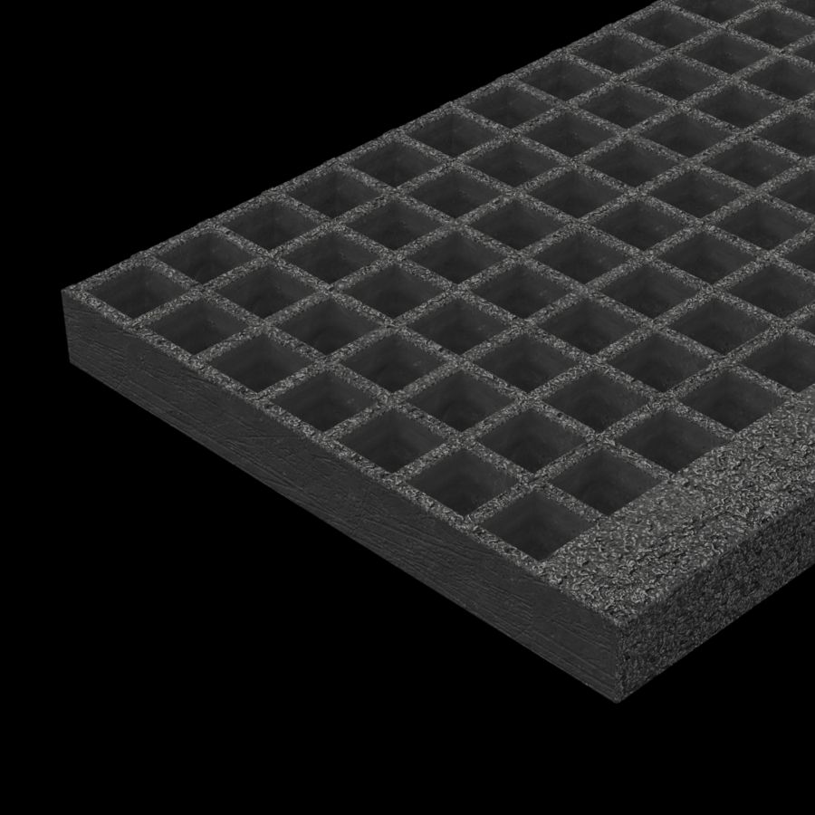 McNICHOLS® Stair Treads Fiberglass Grating, Molded, Stair Tread Panel, Square Grid, MS-S-ST-150, Fiberglass, SGF Polyester Resin, Dark Gray, 1-1/2" Grid Height, 1-1/2" x 1-1/2" Square Grid, Grit Surface, 1-3/4" Wide Integral Nosing on Both Sides of Stair Tread Panel Length, 68% Open Area