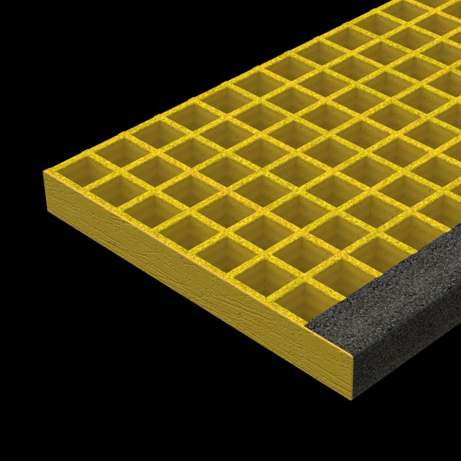 McNICHOLS® Stair Treads Fiberglass Grating, Molded, Stair Tread Panel, Square Grid, MS-S-ST-150, Fiberglass, SGF Polyester Resin, Yellow with Black Nosing, 1-1/2" Grid Height, 1-1/2" x 1-1/2" Square Grid, Grit Surface, 1-3/4" Wide Integral Nosing on Both Sides of Stair Tread Panel Length, 68% Open Area