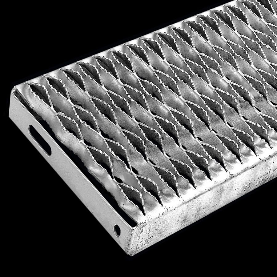 McNICHOLS® Stair Treads Plank Grating, Plank Stair Tread, GRIP STRUT®, Carbon Steel, HRPO, 12 Gauge (.1046" Thick), 4-Diamond (9-1/2" Width), 1-1/2" Channel Depth, Serrated Surface, No Nosing, CP-PG-415 Plank Grating Stair Tread Carrier Plates Attached, 45% Open Area McNICHOLS® Stair Treads Plank Grating, Plank Stair Tread, GRIP STRUT®, Carbon Steel, HRPO, 12 Gauge (.1046" Thick), 4-Diamond (9-1/2" Width), 1-1/2" Channel Depth, Serrated Surface, No Nosing, CP-PG-415 Plank Grating Stair Tread Carrier Plates Attached, 45% Open Area