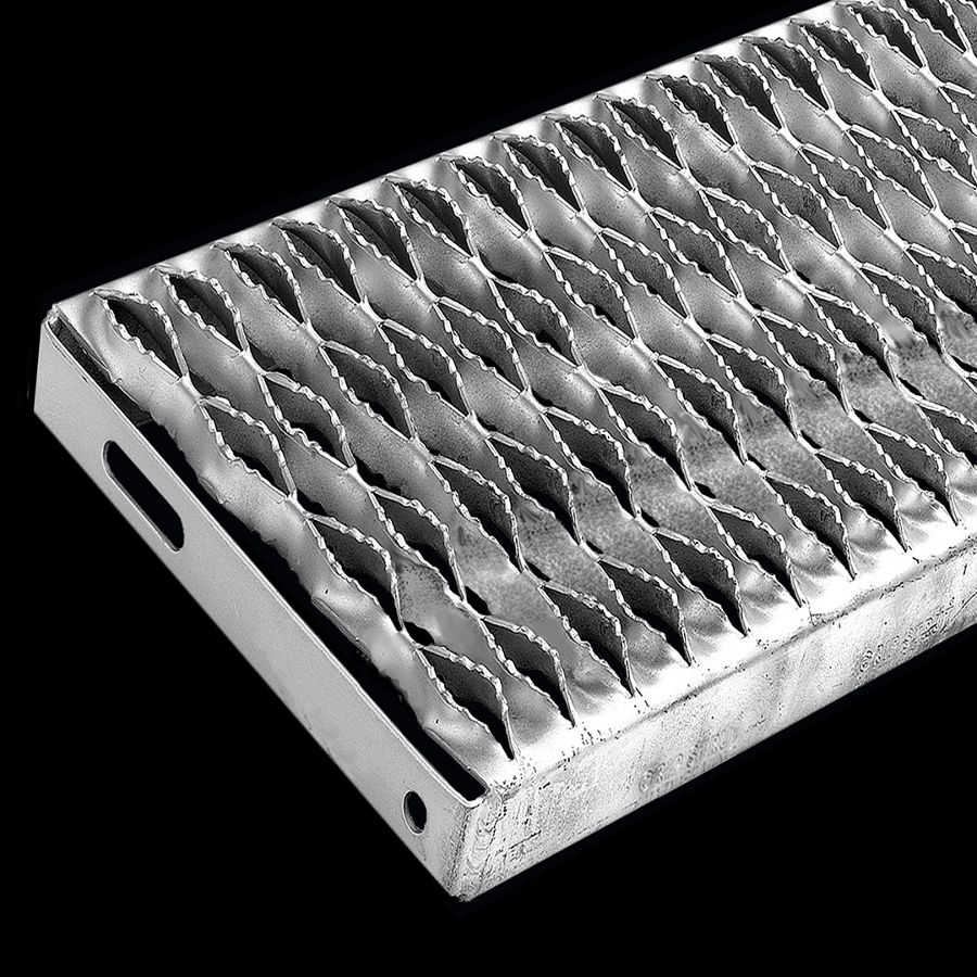 McNICHOLS® Stair Treads Plank Grating, Plank Stair Tread, GRIP STRUT®, Carbon Steel, HRPO, 14 Gauge (.0747" Thick), 4-Diamond (9-1/2" Width), 1-1/2" Channel Depth, Serrated Surface, No Nosing, CP-PG-415 Plank Grating Stair Tread Carrier Plates Attached, 45% Open Area McNICHOLS® Stair Treads Plank Grating, Plank Stair Tread, GRIP STRUT®, Carbon Steel, HRPO, 14 Gauge (.0747" Thick), 4-Diamond (9-1/2" Width), 1-1/2" Channel Depth, Serrated Surface, No Nosing, CP-PG-415 Plank Grating Stair Tread Carrier Plates Attached, 45% Open Area