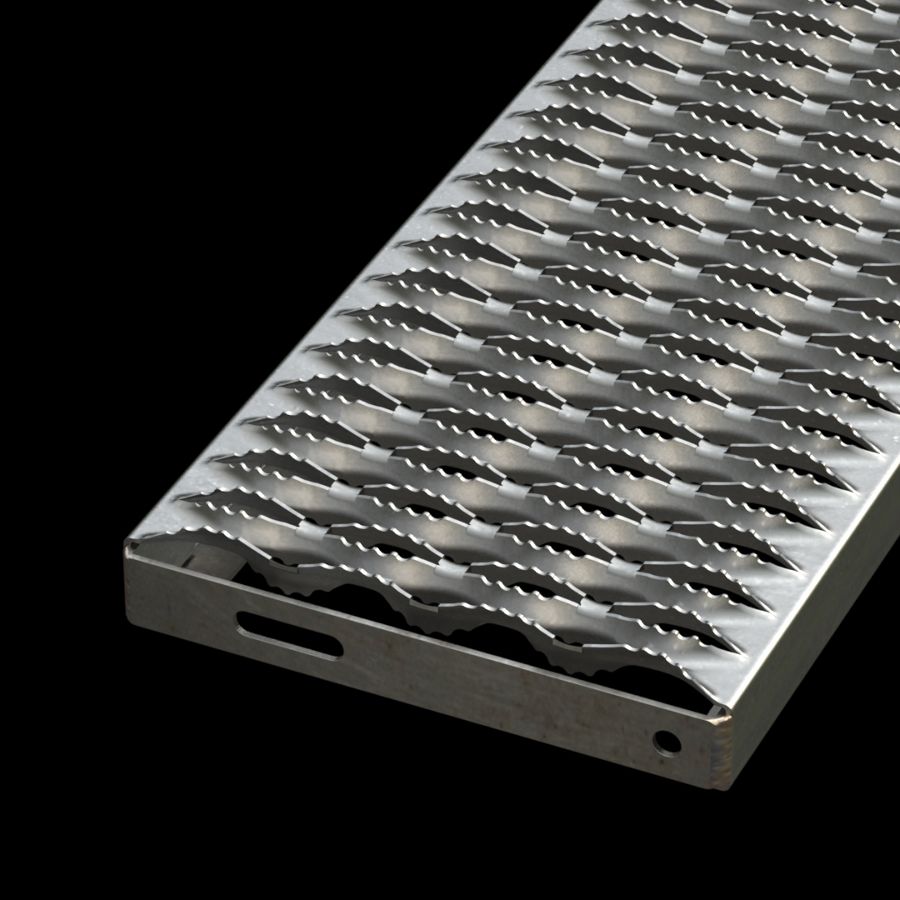McNICHOLS® Stair Treads Plank Grating, Plank, Stair Tread, GRIP STRUT®, Carbon Steel, HRPO, 12 Gauge (.1046" Thick), 4-Diamond (9-1/2" Width), 1-1/2" Channel Depth, Serrated Surface, No Nosing, CP-PG-415 Plank Grating Stair Tread Carrier Plates Attached, 45% Open Area