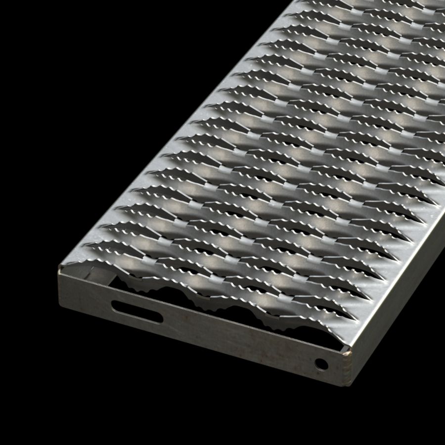 McNICHOLS® Stair Treads Plank Grating, Plank, Stair Tread, GRIP STRUT®, Carbon Steel, HRPO, 14 Gauge (.0747" Thick), 4-Diamond (9-1/2" Width), 1-1/2" Channel Depth, Serrated Surface, No Nosing, CP-PG-415 Plank Grating Stair Tread Carrier Plates Attached, 45% Open Area