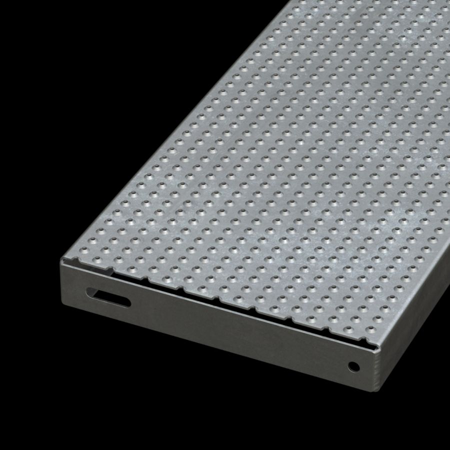 McNICHOLS® Stair Treads Plank Grating, Plank, Stair Tread, TRACTION TREAD™, Galvanized Steel, G90, 13 Gauge (.0934" Thick), Button-Top (12" Width), 2" Channel Depth, Slip-Resistant Surface, No Nosing, CP-PG-1220 Plank Grating Stair Tread Carrier Plates Attached, 4% Open Area