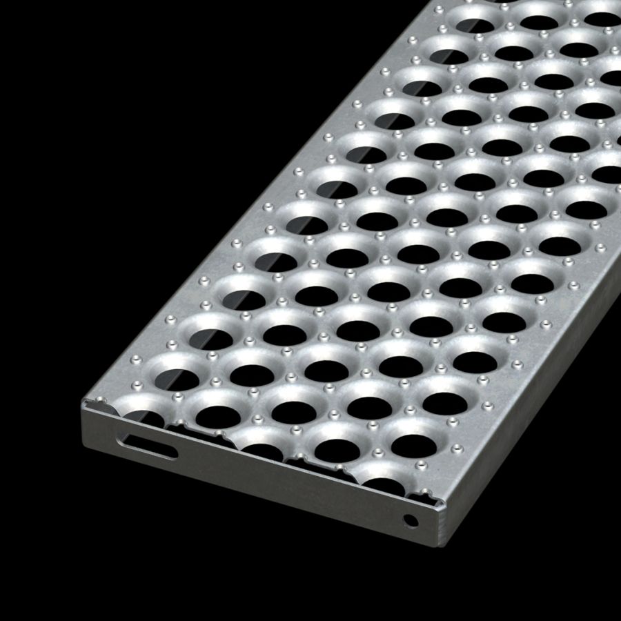 McNICHOLS® Stair Treads Plank Grating, Plank, Stair Tread, PERF-O GRIP®, Galvanized Steel, ASTM A-924, 13 Gauge (.0934" Thick), 5-Hole (10" Width), 1-1/2" Channel Depth, Slip-Resistant Surface, No Nosing, CP-PG-1015 Plank Grating Stair Tread Carrier Plates Attached, 35% Open Area